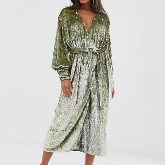 ASOS Dresses & Skirts - Asos green sequin midi wrap robe dress
